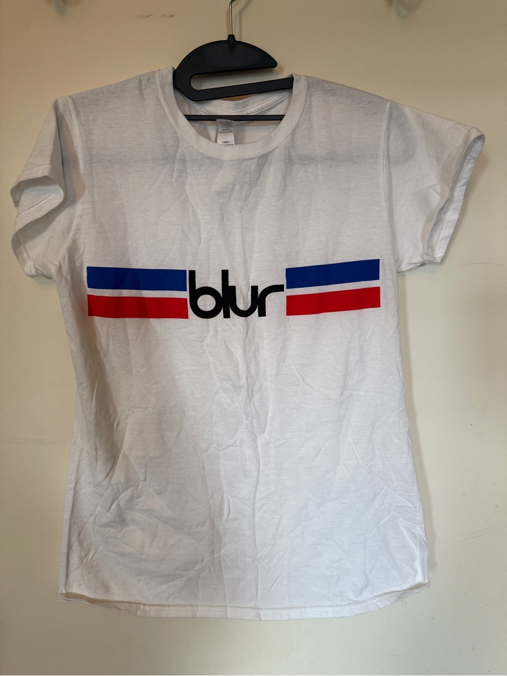 Gildan White Tee with Blue and Red Striped Blur Logo